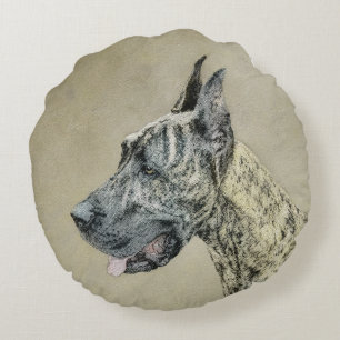 Great Dane (Brindle) Painting - Original Dog Art Round Cushion