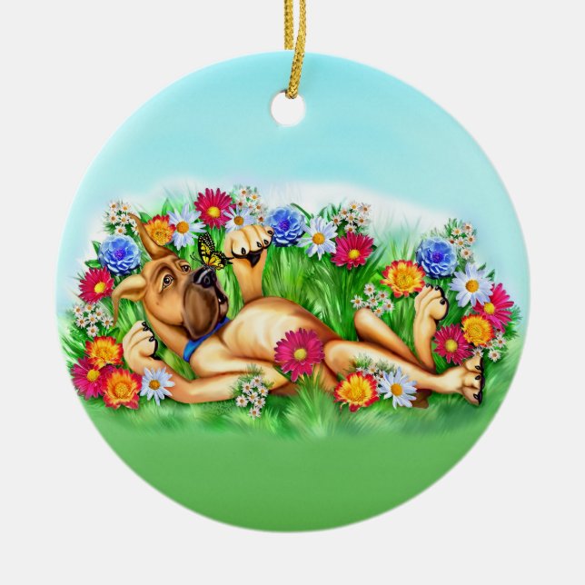 Great Dane Chasing Butterflies Circle Ornament (Front)