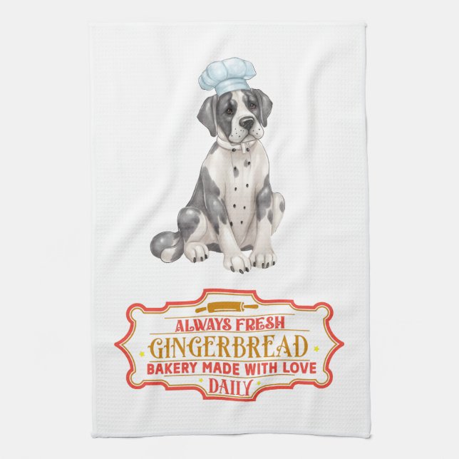 Great Dane Chef Baking Gingerbread Tea Towel (Vertical)