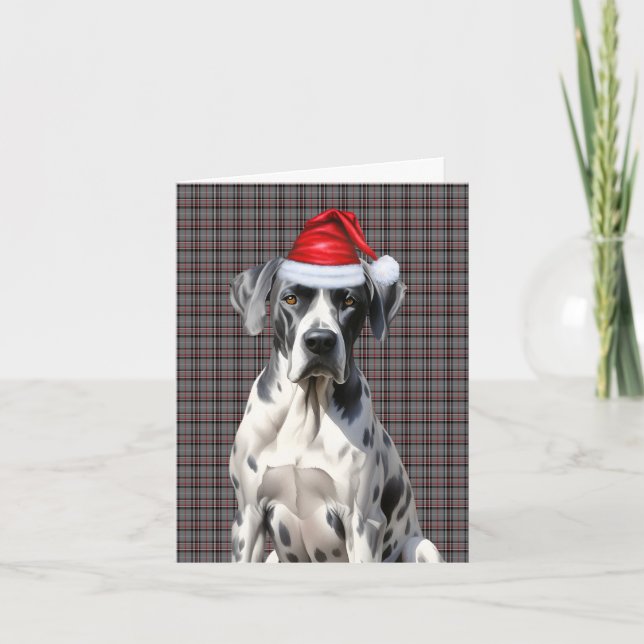 Great Dane Christmas Dog Red Grey Plaid Christmas Holiday Card (Front)