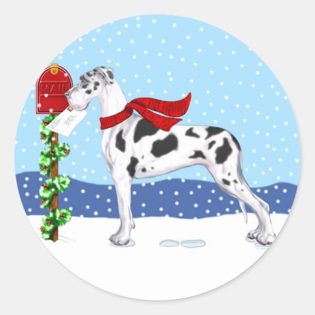 Great Dane Christmas Mail Harlequin UC Classic Round Sticker (Front)