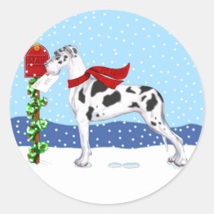 Great Dane Christmas Mail Harlequin UC Classic Round Sticker