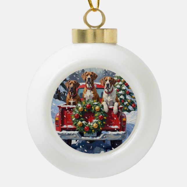 Great Dane Christmas Red Truck Holiday Ceramic Ball Christmas Ornament (Front)