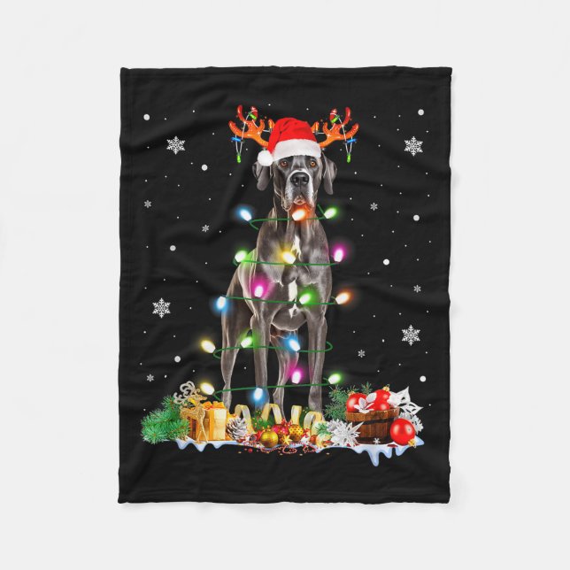 Great Dane Christmas Santa Hat Fairy Lights Pajama Fleece Blanket (Front)