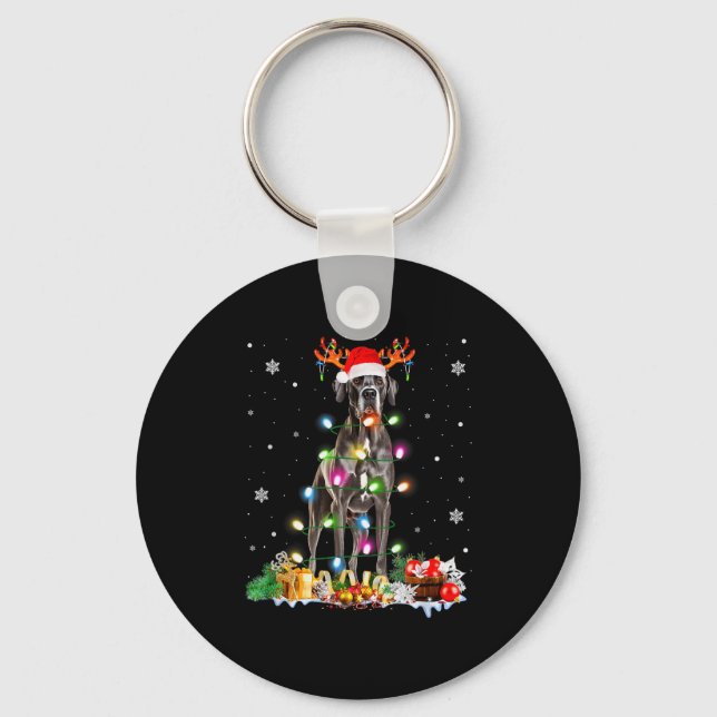 Great Dane Christmas Santa Hat Fairy Lights Pajama Key Ring (Front)