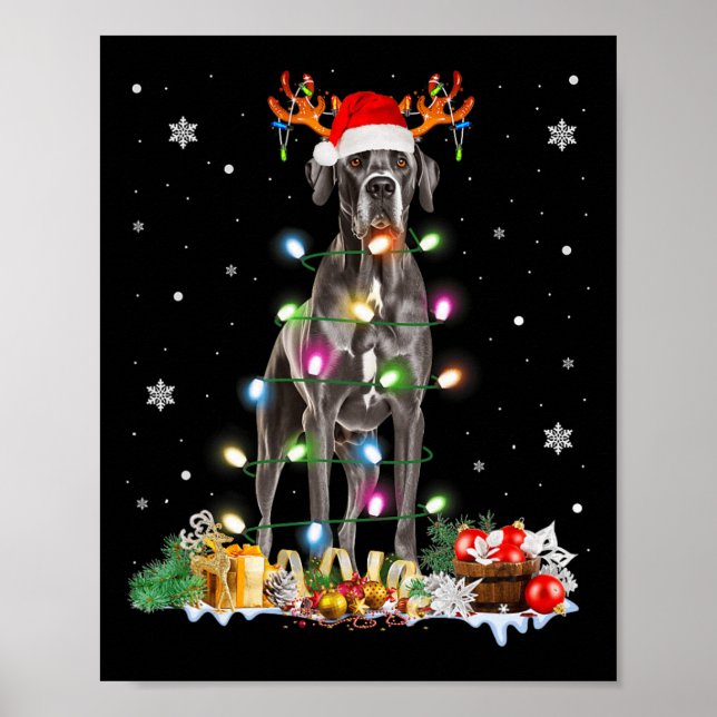 Great Dane Christmas Santa Hat Fairy Lights Pajama Poster (Front)