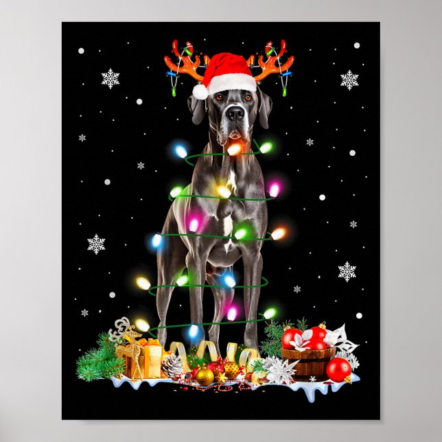 Great Dane Christmas Santa Hat Fairy Lights Pajama Poster (Front)