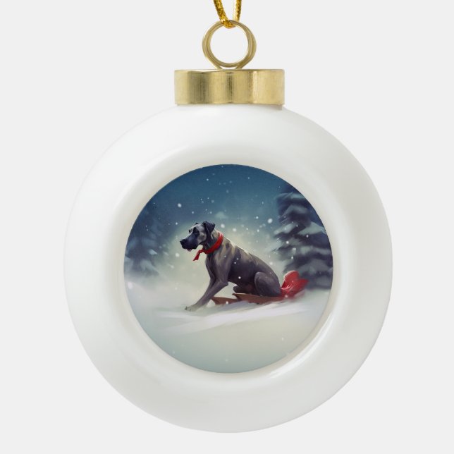 Great Dane Christmas snow winter Ceramic Ball Christmas Ornament (Front)