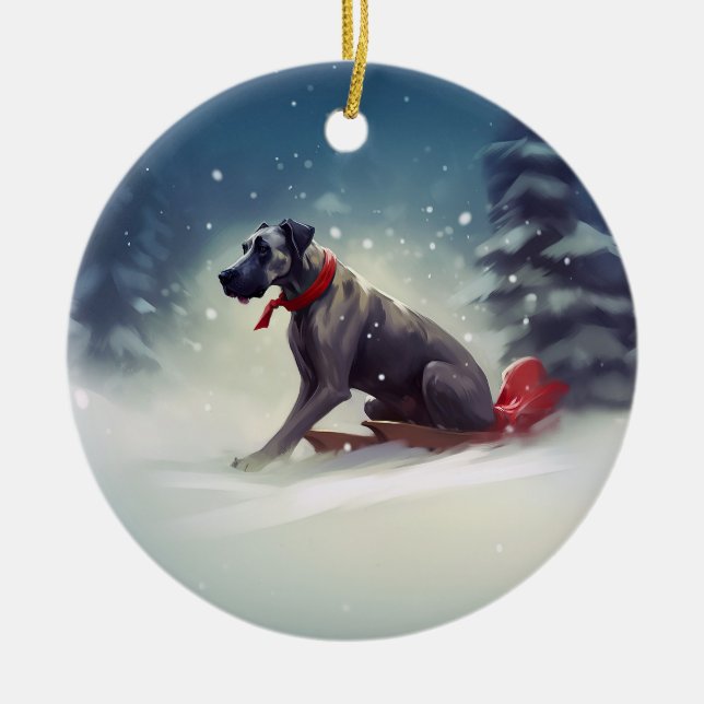 Great Dane Christmas snow winter Ceramic Tree Decoration (Front)