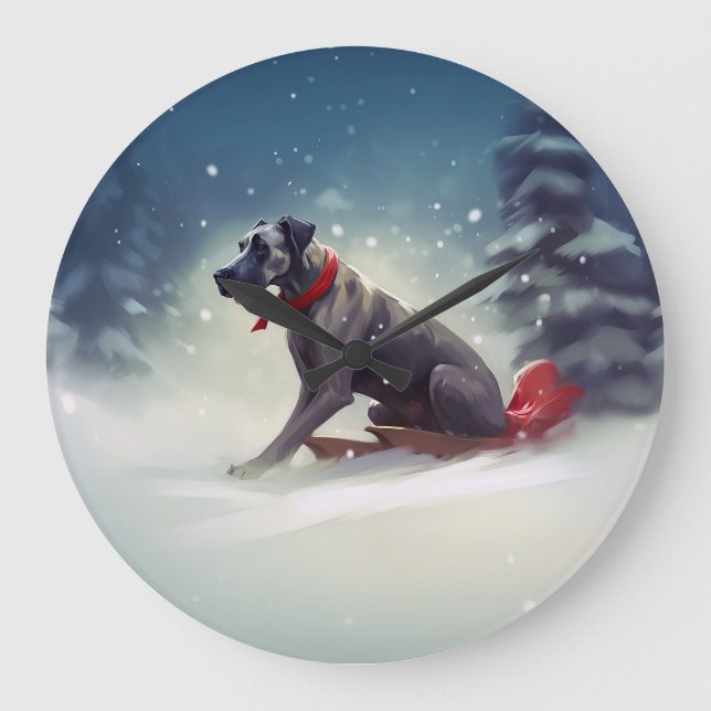 Great Dane Christmas snow winter Large Clock (Front)
