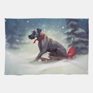 Great Dane Christmas snow winter Tea Towel