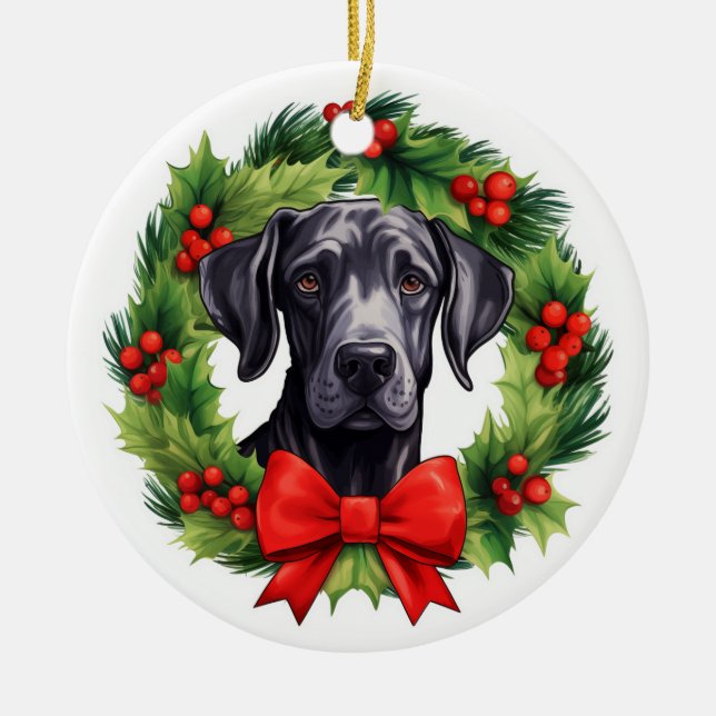 Great Dane Christmas Wreath Ceramic Tree Decoration (Front)
