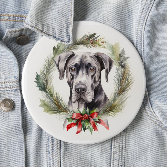 Great Dane Christmas Wreath Festive Pup  6 Cm Round Badge (In Situ)