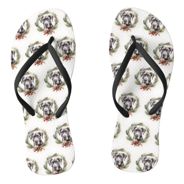 Great Dane Christmas Wreath Festive Pup  Flip Flops (Footbed)