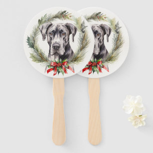 Great Dane Christmas Wreath Festive Pup  Hand Fan