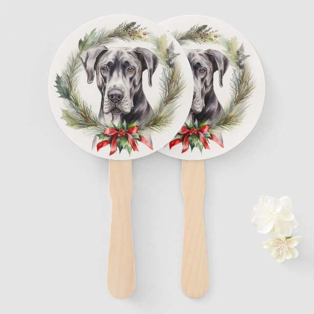 Great Dane Christmas Wreath Festive Pup  Hand Fan (Front and Back)