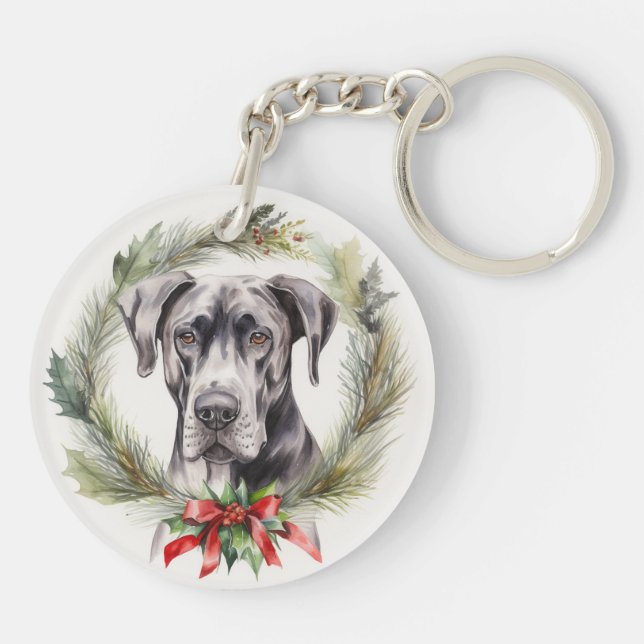 Great Dane Christmas Wreath Festive Pup  Key Ring (Back)