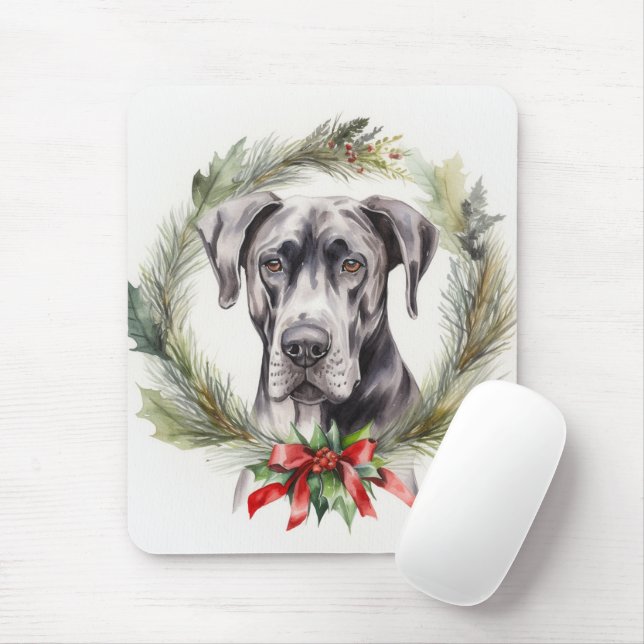 Great Dane Christmas Wreath Festive Pup  Mouse Mat (With Mouse)