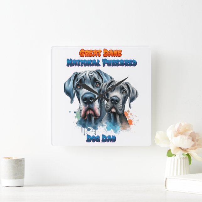 Great Dane Day for National Purebred Dog! Square Wall Clock (Home)