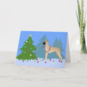 Great Dane Decorating a Christmas Tree in forest Holiday Card