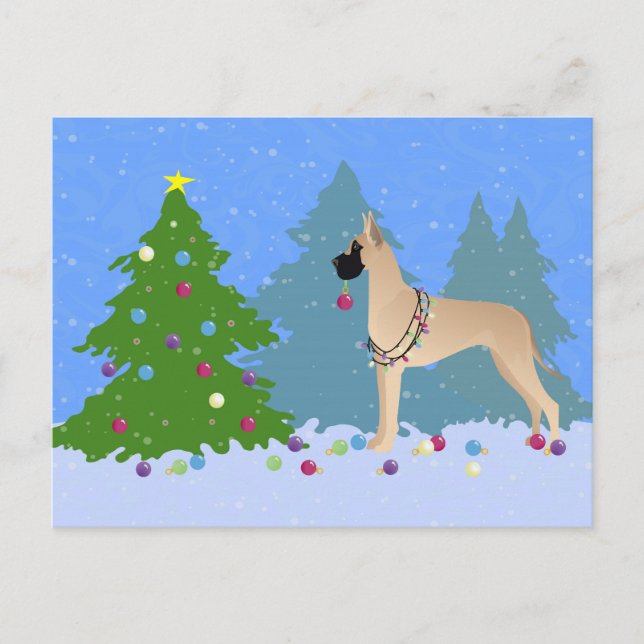 Great Dane Decorating a Christmas Tree in forest Holiday Postcard (Front)