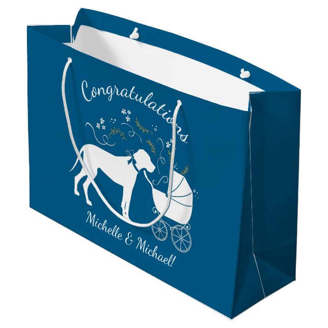 Great Dane Dog Baby Shower Puppy Blue Boy Large Gift Bag (Back Angled)