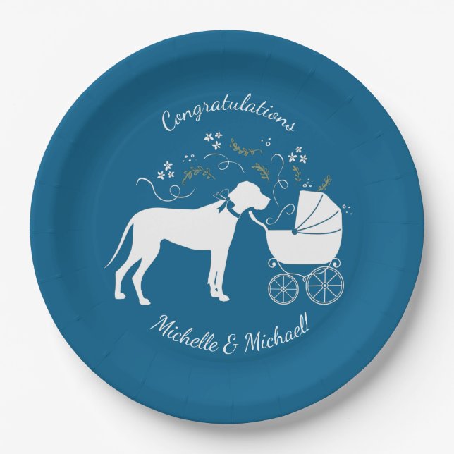 Great Dane Dog Baby Shower Puppy Blue Boy Paper Plate (Front)