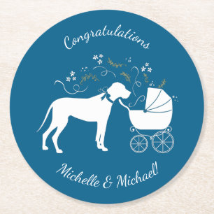 Great Dane Dog Baby Shower Puppy Blue Boy Round Paper Coaster