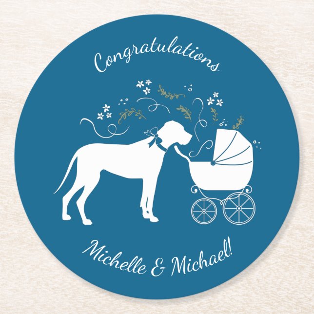 Great Dane Dog Baby Shower Puppy Blue Boy Round Paper Coaster (Front)