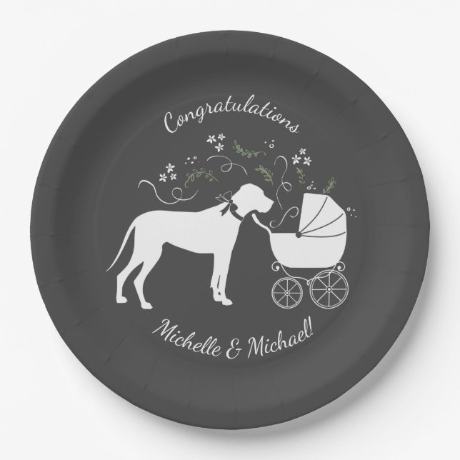 Great Dane Dog Baby Shower Puppy Grey Paper Plate (Front)