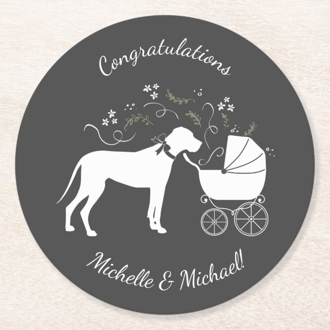 Great Dane Dog Baby Shower Puppy Grey Round Paper Coaster (Front)