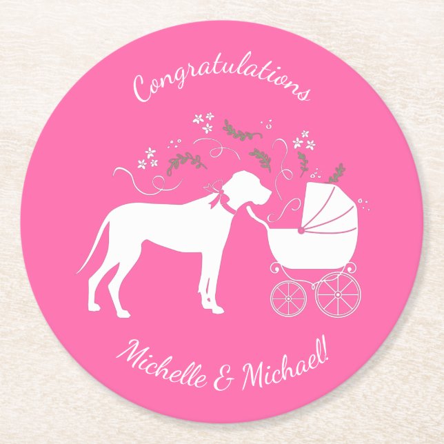 Great Dane Dog Baby Shower Puppy Pink Girl Round Paper Coaster (Front)