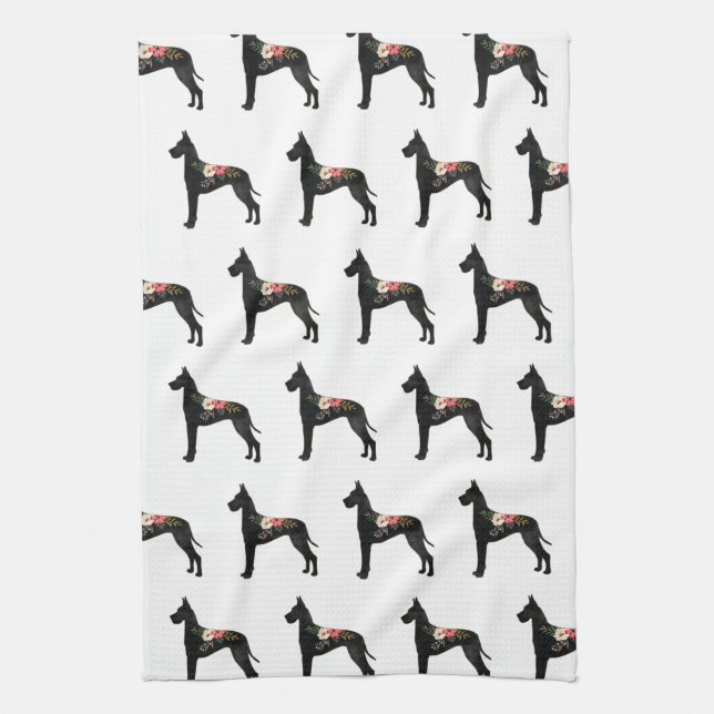 Great Dane Dog Breed Boho Floral Silhouette C Tea Towel (Vertical)
