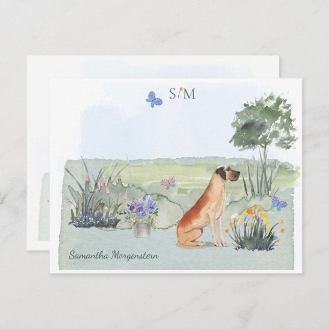 Great Dane Dog Butterfly Monogram and Name   Card (Front/Back)