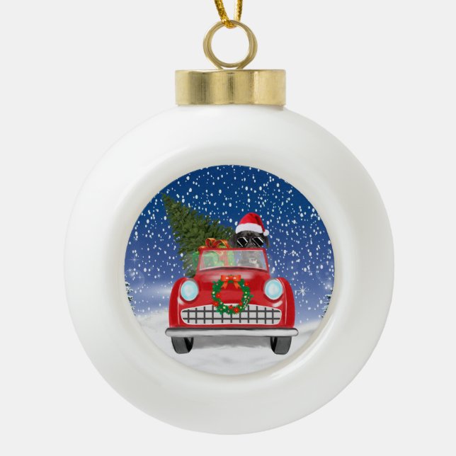 Great Dane Dog Driving Car In Snow Christmas  Ceramic Ball Christmas Ornament (Front)