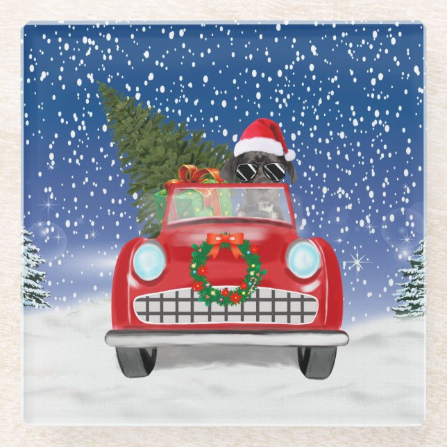 Great Dane Dog Driving Car In Snow Christmas  Glass Coaster (Front)