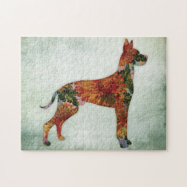 Great Dane Dog Floral On Green Jigsaw Puzzle (Horizontal)