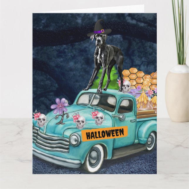 Great Dane Dog Halloween Truck Scary Night  Card (Front)