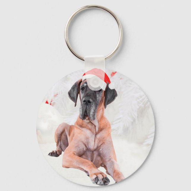 Great Dane Dog Hat Merry Christmas Key Ring (Front)