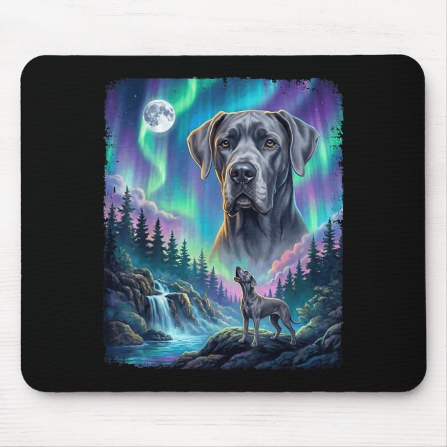 Great dane dog howling northern lights aurora moon mouse mat (Front)