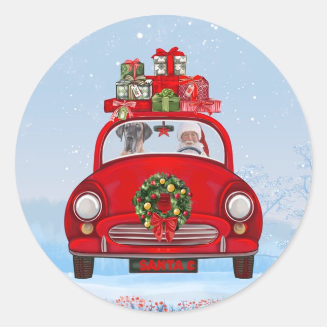 Great Dane Dog In Car With Santa Claus Classic Round Sticker (Front)