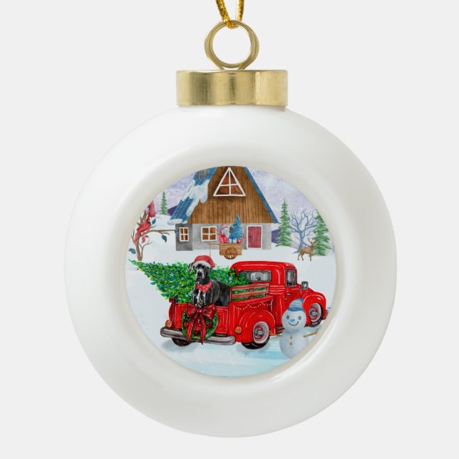 Great Dane Dog In Christmas Delivery Truck Snow  Ceramic Ball Christmas Ornament (Front)