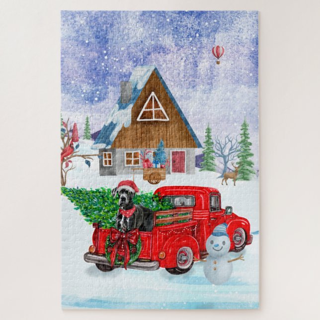 Great Dane Dog In Christmas Delivery Truck Snow Jigsaw Puzzle (Vertical)