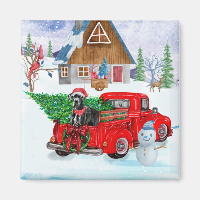 Great Dane Dog In Christmas Delivery Truck Snow Magnet (Front)