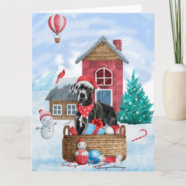 Great Dane Dog In snow Christmas Dog House  Card (Front)