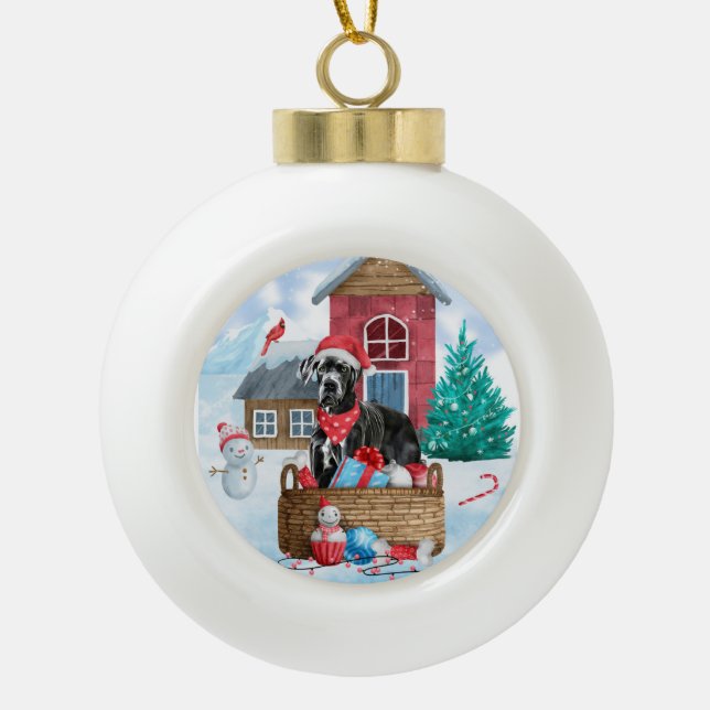 Great Dane Dog In snow Christmas Dog House Ceramic Ball Christmas Ornament (Front)