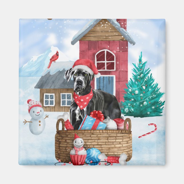 Great Dane Dog In snow Christmas Dog House Magnet (Front)