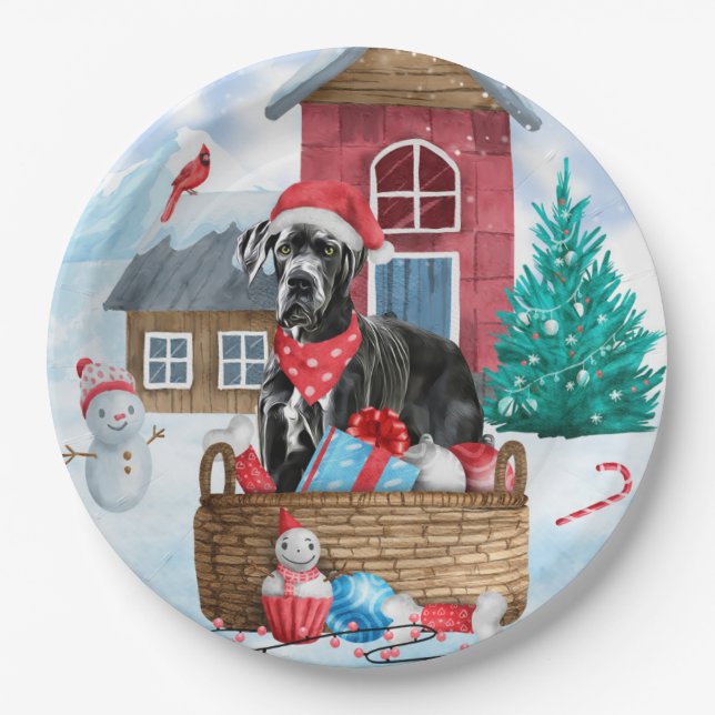 Great Dane Dog In snow Christmas Dog House Paper Plate (Front)