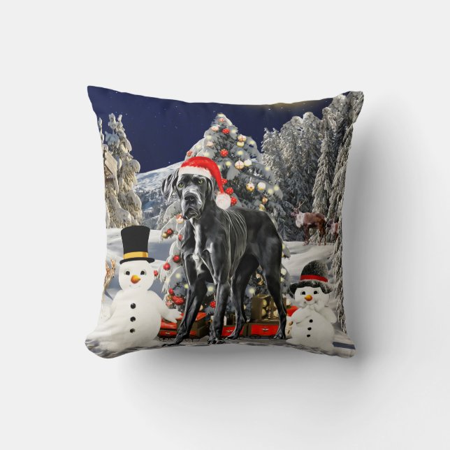 Great Dane Dog In Snow Christmas Hat Lights Cushion (Front)
