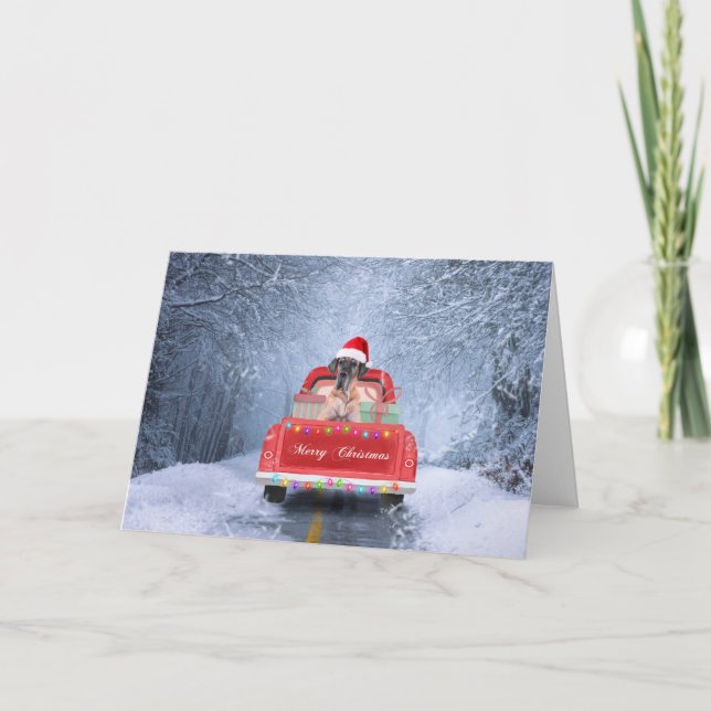 Great dane Dog in Snow sitting in Christmas Truck Card (Front)